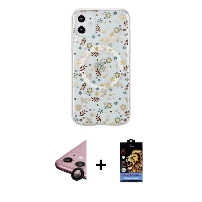 MARSİLYAN™- iPhone 11 Kılıf Pusula Form - Siyah Buffer Hayalet Cam Ekran Koruyucu + Raze Metal Kamera Lens - SH
