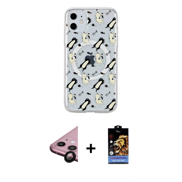 MARSİLYAN™- iPhone 11 Kılıf Pusula Form - Siyah Buffer Hayalet Cam Ekran Koruyucu + Raze Metal Kamera Lens - SH