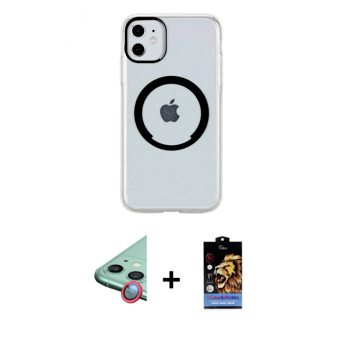 MARSİLYAN™- iPhone 11 Kılıf Pusula Form - Siyah Buffer Hayalet Cam Ekran Koruyucu + Raze Metal Kamera Lens - KI