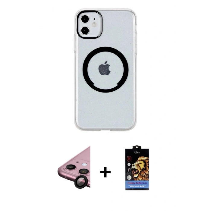 MARSİLYAN™- iPhone 11 Kılıf Pusula Form - Siyah Buffer Hayalet Cam Ekran Koruyucu + Raze Metal Kamera Lens - SH