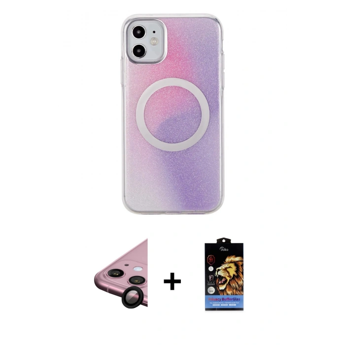 MARSİLYAN™- iPhone 11 Kılıf Pusula Form - Siyah Buffer Hayalet Cam Ekran Koruyucu + Raze Metal Kamera Lens - SH