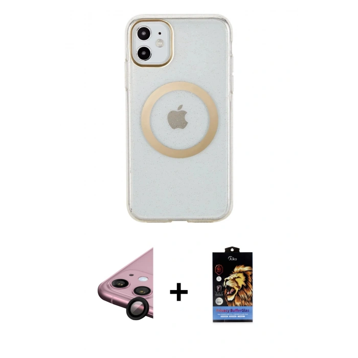 MARSİLYAN™- iPhone 11 Kılıf Pusula Form - Siyah Buffer Hayalet Cam Ekran Koruyucu + Raze Metal Kamera Lens - SH