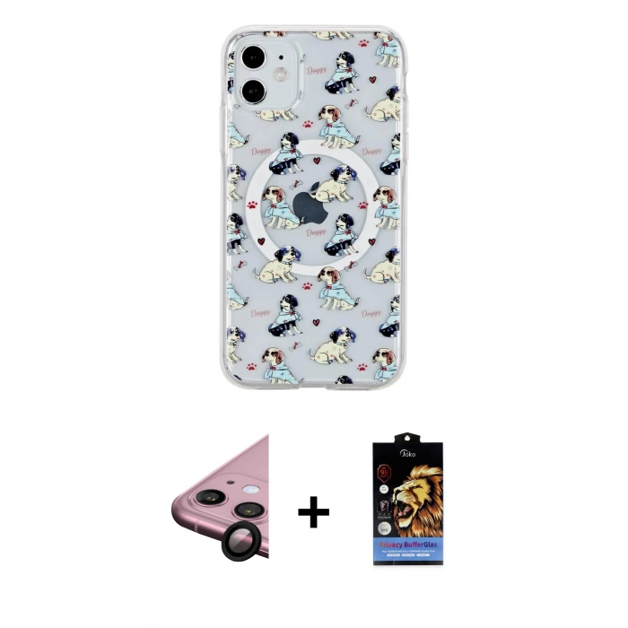 MARSİLYAN™- iPhone 11 Kılıf Pusula Form - Siyah Buffer Hayalet Cam Ekran Koruyucu + Raze Metal Kamera Lens - SH