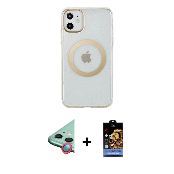 MARSİLYAN™- iPhone 11 Kılıf Pusula Form - Siyah Buffer Hayalet Cam Ekran Koruyucu + Raze Metal Kamera Lens - KI