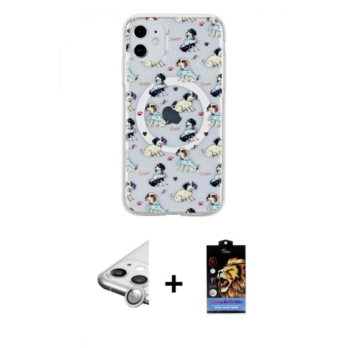 MARSİLYAN™- iPhone 11 Kılıf Pusula Form - Siyah Buffer Hayalet Cam Ekran Koruyucu + Raze Metal Kamera Lens - GS