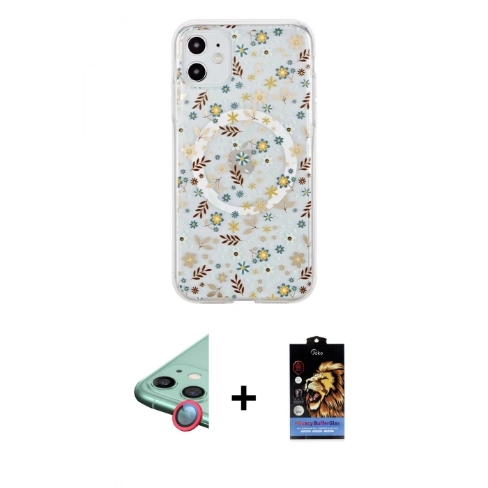 MARSİLYAN™- iPhone 11 Kılıf Pusula Form - Siyah Buffer Hayalet Cam Ekran Koruyucu + Raze Metal Kamera Lens - KI