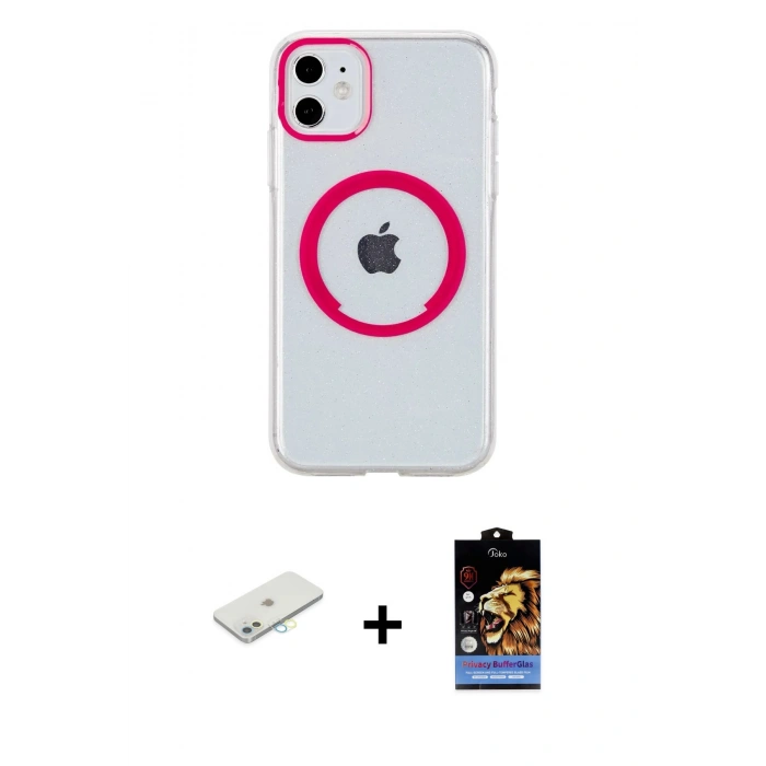 MARSİLYAN™- iPhone 11 Kılıf Pusula Form - Siyah Buffer Hayalet Cam Ekran Koruyucu + Renkli Kamera Lens Koruma Cam - SI