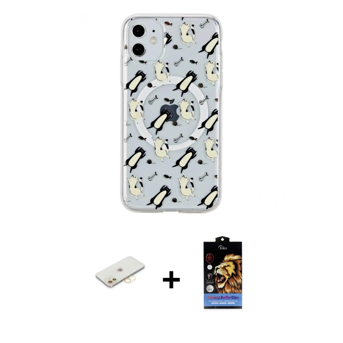 MARSİLYAN™- iPhone 11 Kılıf Pusula Form - Siyah Buffer Hayalet Cam Ekran Koruyucu + Renkli Kamera Lens Koruma Cam - SI