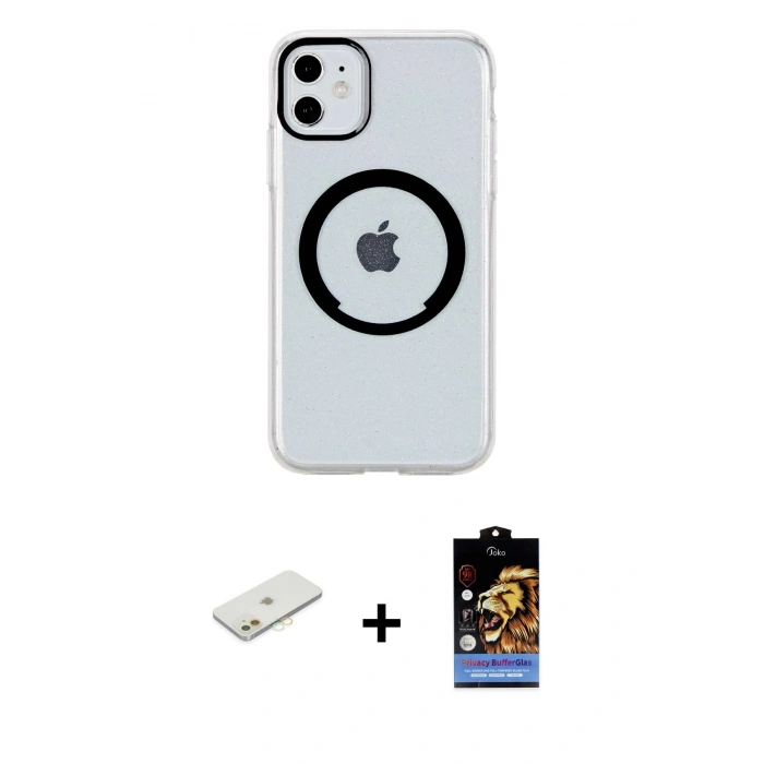MARSİLYAN™- iPhone 11 Kılıf Pusula Form - Siyah Buffer Hayalet Cam Ekran Koruyucu + Renkli Kamera Lens Koruma Cam - TU
