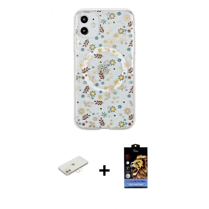 MARSİLYAN™- iPhone 11 Kılıf Pusula Form - Siyah Buffer Hayalet Cam Ekran Koruyucu + Renkli Kamera Lens Koruma Cam - SI