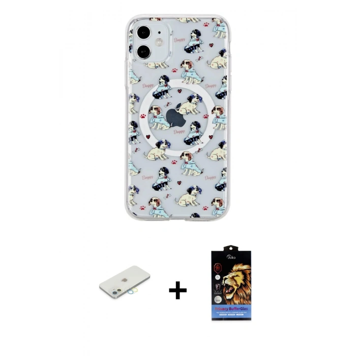 MARSİLYAN™- iPhone 11 Kılıf Pusula Form - Siyah Buffer Hayalet Cam Ekran Koruyucu + Renkli Kamera Lens Koruma Cam - SI