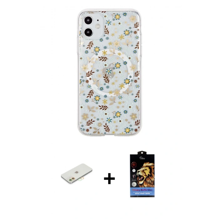MARSİLYAN™- iPhone 11 Kılıf Pusula Form - Siyah Buffer Hayalet Cam Ekran Koruyucu + Renkli Kamera Lens Koruma Cam - TU