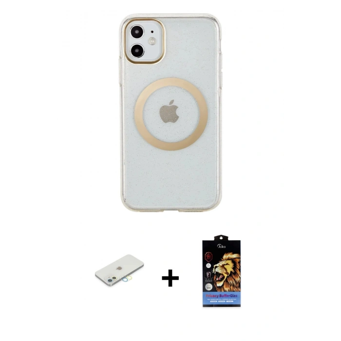 MARSİLYAN™- iPhone 11 Kılıf Pusula Form - Siyah Buffer Hayalet Cam Ekran Koruyucu + Renkli Kamera Lens Koruma Cam - SI