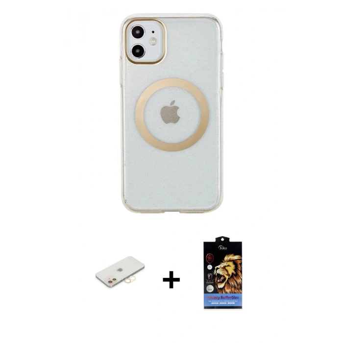 MARSİLYAN™- iPhone 11 Kılıf Pusula Form - Siyah Buffer Hayalet Cam Ekran Koruyucu + Renkli Kamera Lens Koruma Cam - SI
