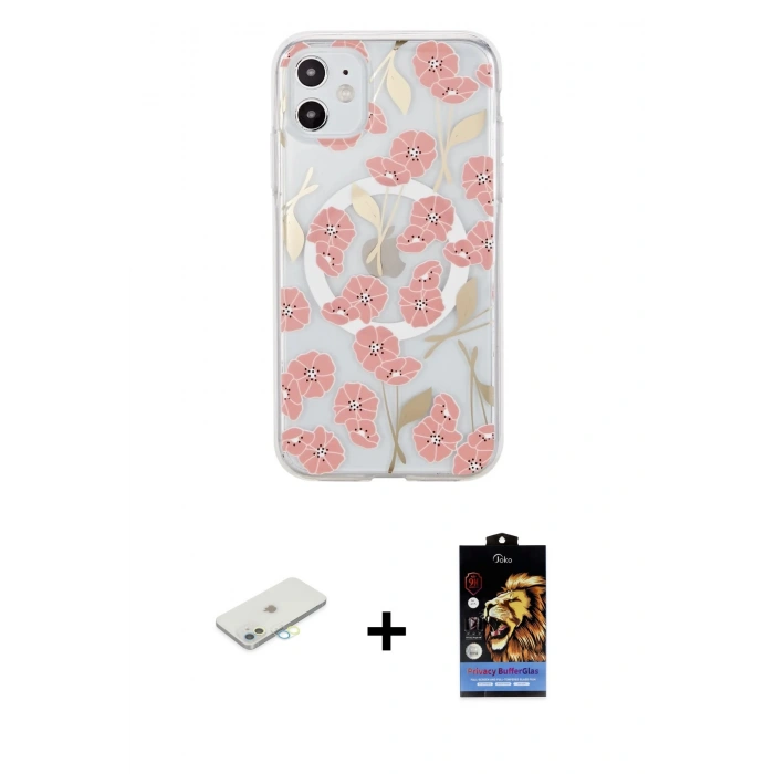MARSİLYAN™- iPhone 11 Kılıf Pusula Form - Siyah Buffer Hayalet Cam Ekran Koruyucu + Renkli Kamera Lens Koruma Cam - SI