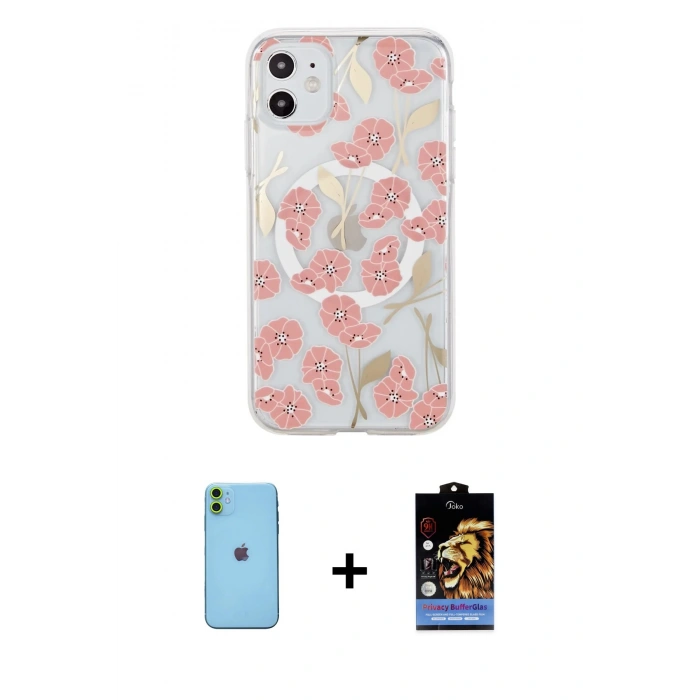 MARSİLYAN™- iPhone 11 Kılıf Pusula Form - Siyah Buffer Hayalet Cam Ekran Koruyucu + Neon Fosforlu Kamera Lens - YL