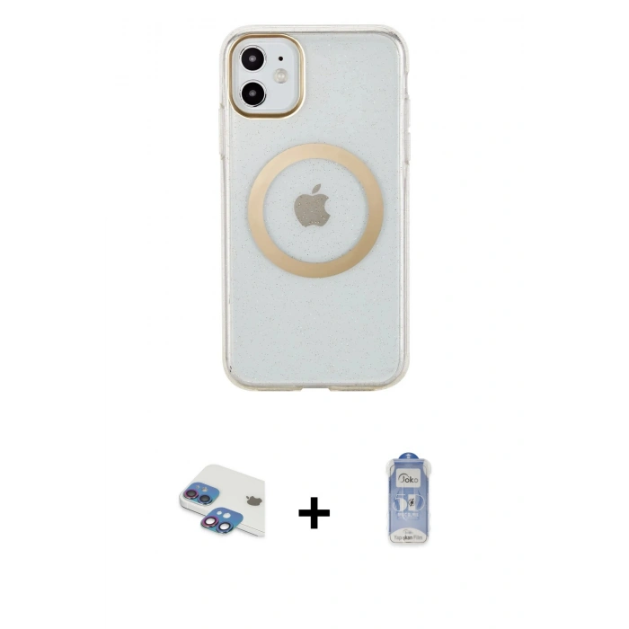 MARSİLYAN™- iPhone 11 Kılıf Pusula Form - Siyah Joko Magic 5D Cam + Gökkuşağı Pers Alüminyum Kamera Lens