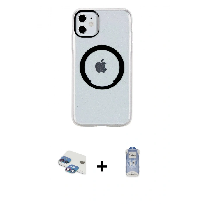 MARSİLYAN™- iPhone 11 Kılıf Pusula Form - Siyah Joko Magic 5D Cam + Gökkuşağı Pers Alüminyum Kamera Lens