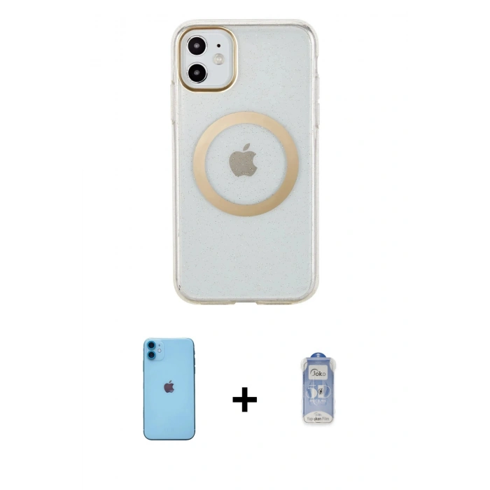 MARSİLYAN™- iPhone 11 Kılıf Pusula Form - Siyah Joko Magic 5D Cam + Mavi Neon Fosforlu Kamera Lens