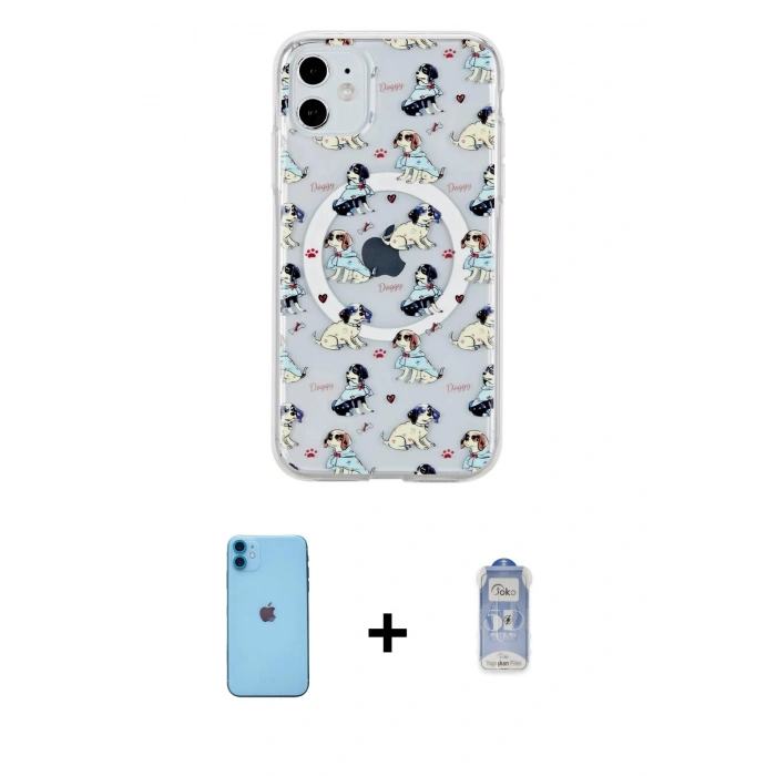 MARSİLYAN™- iPhone 11 Kılıf Pusula Form - Siyah Joko Magic 5D Cam + Mavi Neon Fosforlu Kamera Lens