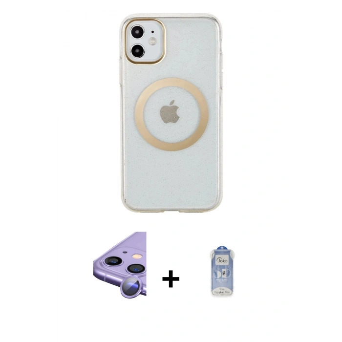 MARSİLYAN™- iPhone 11 Kılıf Pusula Form - Siyah Joko Magic 5D Cam + Mor Raze Metal Kamera Lens