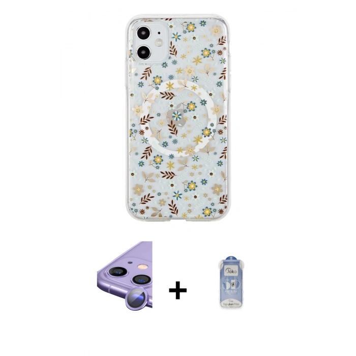 MARSİLYAN™- iPhone 11 Kılıf Pusula Form - Siyah Joko Magic 5D Cam + Mor Raze Metal Kamera Lens