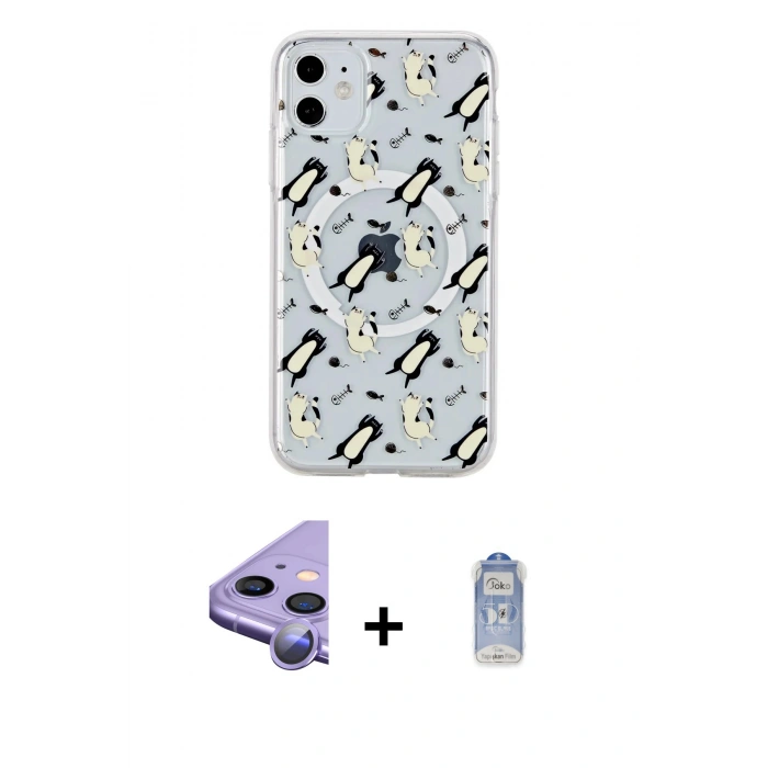 MARSİLYAN™- iPhone 11 Kılıf Pusula Form - Siyah Joko Magic 5D Cam + Mor Raze Metal Kamera Lens
