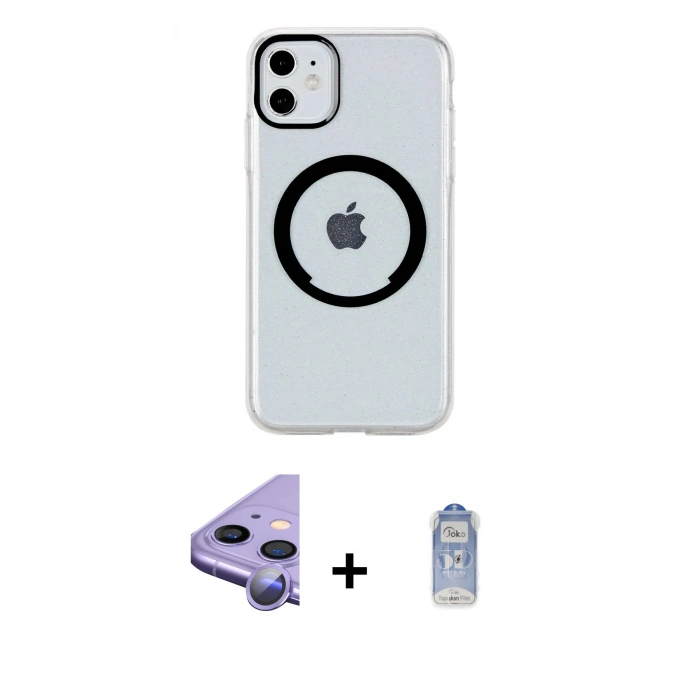 MARSİLYAN™- iPhone 11 Kılıf Pusula Form - Siyah Joko Magic 5D Cam + Mor Raze Metal Kamera Lens
