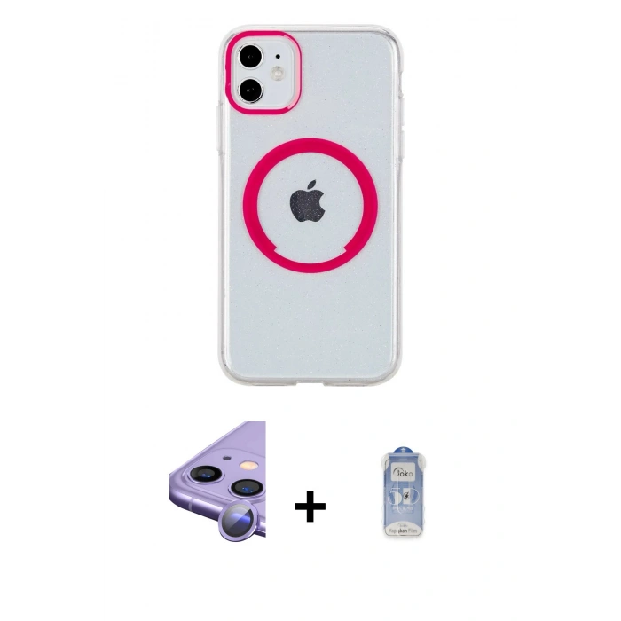 MARSİLYAN™- iPhone 11 Kılıf Pusula Form - Siyah Joko Magic 5D Cam + Mor Raze Metal Kamera Lens