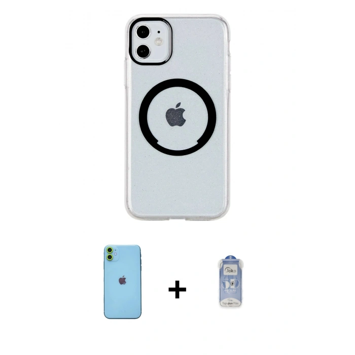 MARSİLYAN™- iPhone 11 Kılıf Pusula Form - Siyah Joko Magic 5D Cam + Neon Fosforlu Kamera Lens - YL