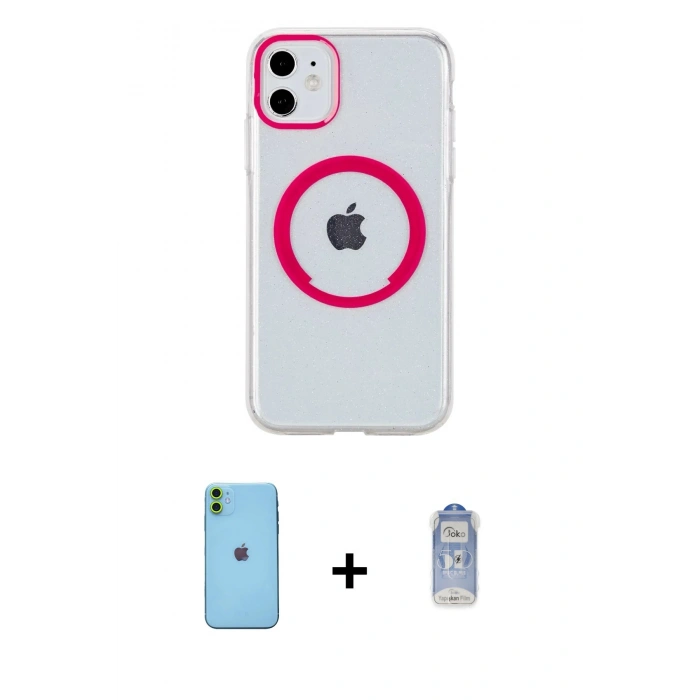 MARSİLYAN™- iPhone 11 Kılıf Pusula Form - Siyah Joko Magic 5D Cam + Neon Fosforlu Kamera Lens - YL
