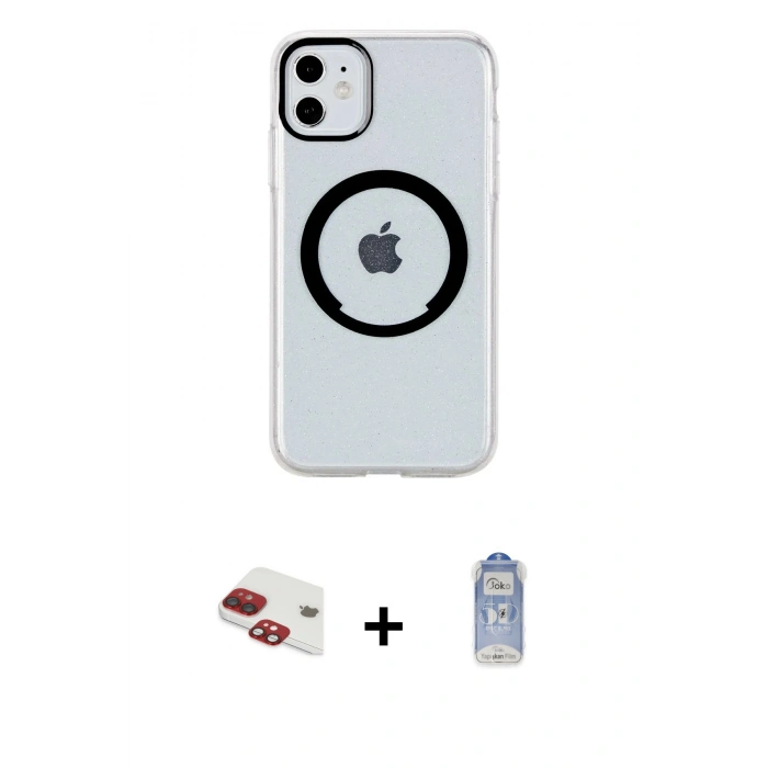MARSİLYAN™- iPhone 11 Kılıf Pusula Form - Siyah Joko Magic 5D Cam + Pers Alüminyum Kamera Lens - KI
