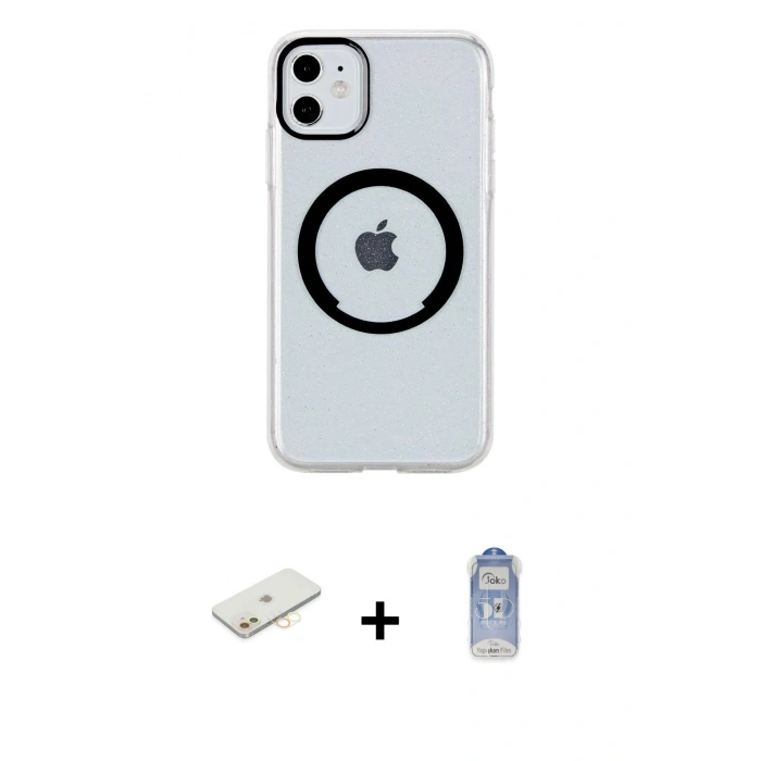 MARSİLYAN™- iPhone 11 Kılıf Pusula Form - Siyah Joko Magic 5D Cam + Renkli Kamera Lens Koruma Cam - SI