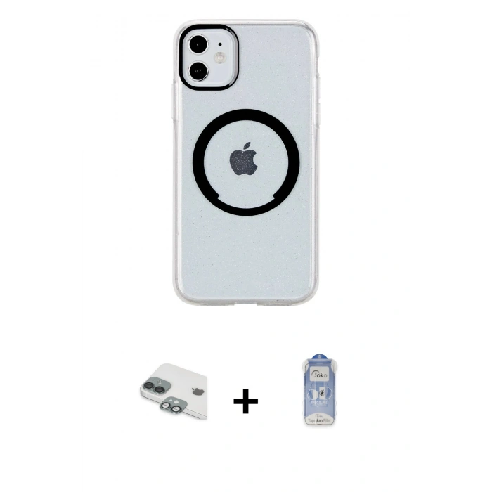 MARSİLYAN™- iPhone 11 Kılıf Pusula Form - Siyah Joko Magic 5D Cam + Yeşil Pers Alüminyum Kamera Lens