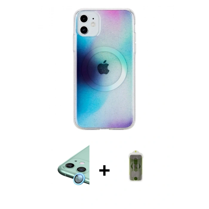 MARSİLYAN™- iPhone 11 Kılıf Pusula Form - Siyah Joko Magic 5D Hayalet Cam + Mavi Raze Metal Kamera Lens