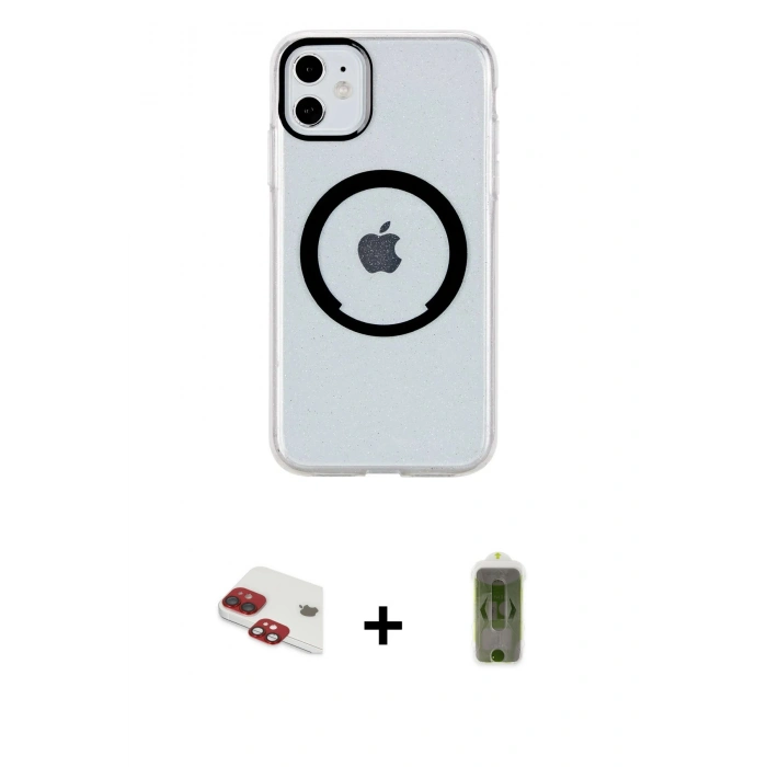 MARSİLYAN™- iPhone 11 Kılıf Pusula Form - Siyah Joko Magic 5D Hayalet Cam + Pers Alüminyum Kamera Lens - KI
