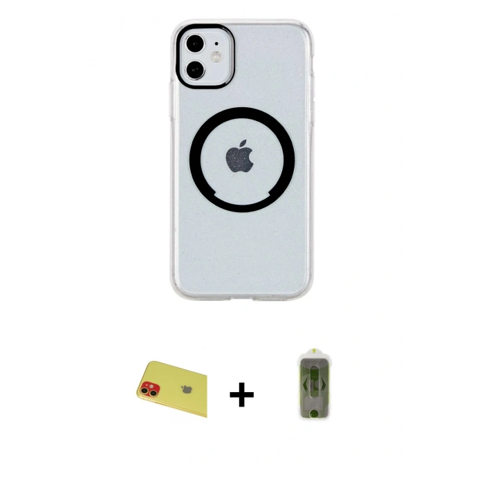 MARSİLYAN™- iPhone 11 Kılıf Pusula Form - Siyah Joko Magic 5D Hayalet Cam + Rainbow Kamera Lens Koruma Cam - KI