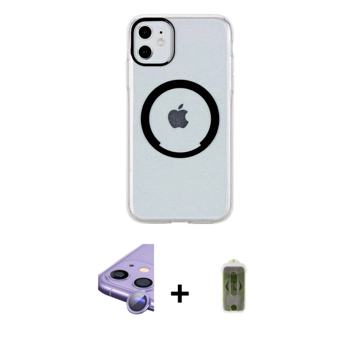 MARSİLYAN™- iPhone 11 Kılıf Pusula Form - Siyah Joko Magic 5D Hayalet Cam + Raze Metal Kamera Lens - MR