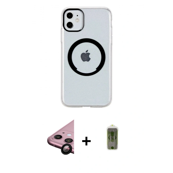 MARSİLYAN™- iPhone 11 Kılıf Pusula Form - Siyah Joko Magic 5D Hayalet Cam + Raze Metal Kamera Lens - SH