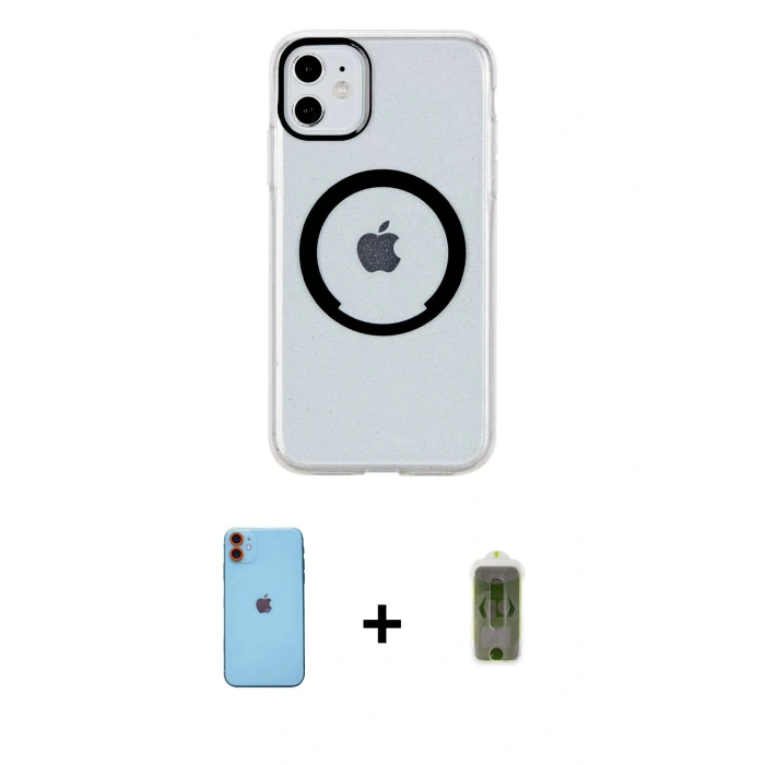 MARSİLYAN™- iPhone 11 Kılıf Pusula Form - Siyah Joko Magic 5D Hayalet Cam + Turuncu Neon Fosforlu Kamera Lens