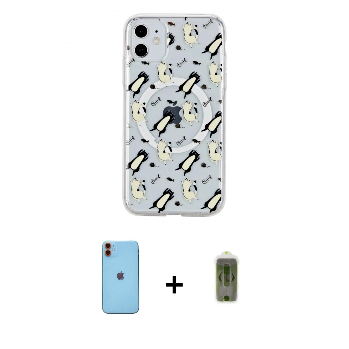 MARSİLYAN™- iPhone 11 Kılıf Pusula Form - Siyah Joko Magic 5D Hayalet Cam + Turuncu Neon Fosforlu Kamera Lens