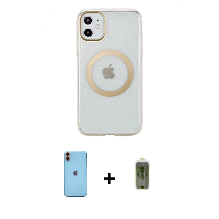 MARSİLYAN™- iPhone 11 Kılıf Pusula Form - Siyah Joko Magic 5D Hayalet Cam + Turuncu Neon Fosforlu Kamera Lens