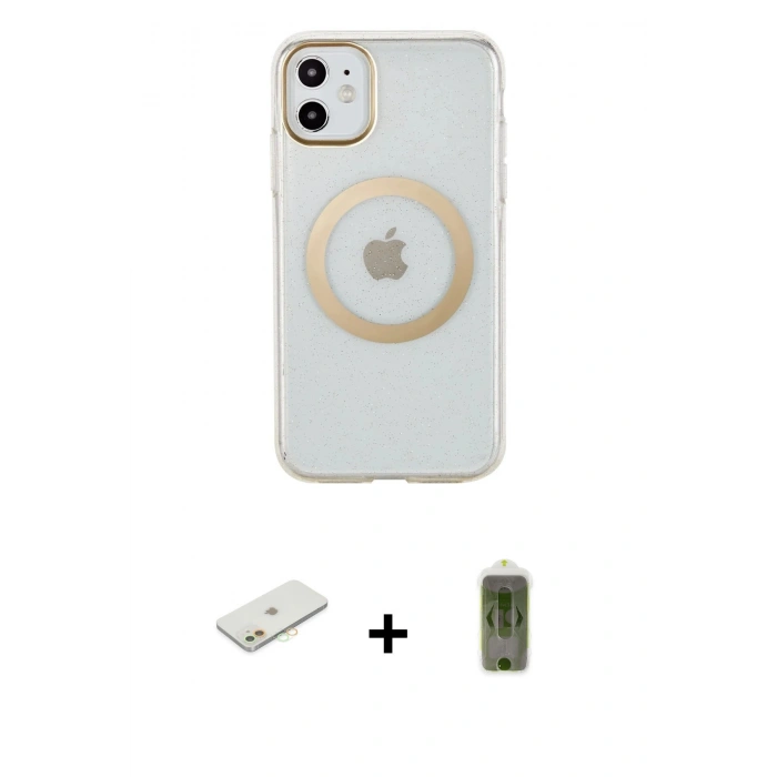 MARSİLYAN™- iPhone 11 Kılıf Pusula Form - Siyah Joko Magic 5D Hayalet Cam + Turuncu Renkli Kamera Lens Koruma Cam
