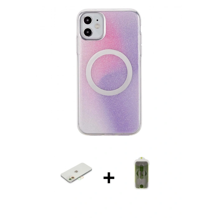 MARSİLYAN™- iPhone 11 Kılıf Pusula Form - Siyah Joko Magic 5D Hayalet Cam + Turuncu Renkli Kamera Lens Koruma Cam
