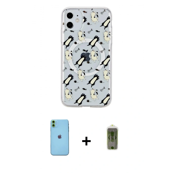 MARSİLYAN™- iPhone 11 Kılıf Pusula Form - Siyah Joko Magic 5D Hayalet Cam + Neon Fosforlu Kamera Lens - YL