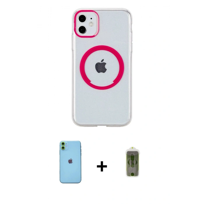 MARSİLYAN™- iPhone 11 Kılıf Pusula Form - Siyah Joko Magic 5D Hayalet Cam + Neon Fosforlu Kamera Lens - YL