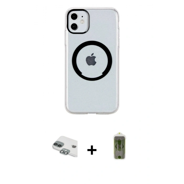 MARSİLYAN™- iPhone 11 Kılıf Pusula Form - Siyah Joko Magic 5D Hayalet Cam + Yeşil Pers Alüminyum Kamera Lens