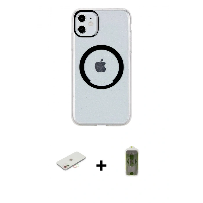 MARSİLYAN™- iPhone 11 Kılıf Pusula Form - Siyah Joko Magic 5D Hayalet Cam + Renkli Kamera Lens Koruma Cam - YL