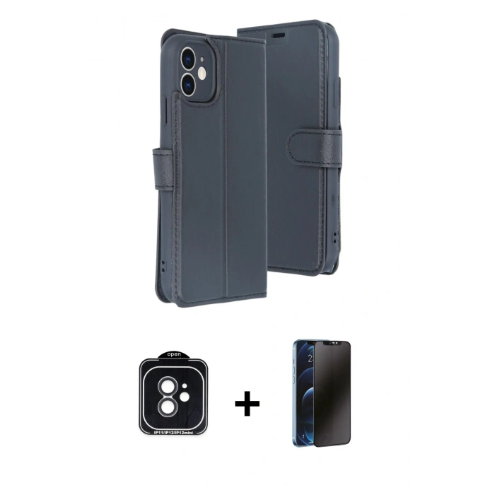 MARSİLYAN™- iPhone 11 Kılıf Siluet Işık Serisi - Siyah 3D Antistatik Hayalet Cam Ekran Koruyucu + PVD Metal Kamera Lens - SH