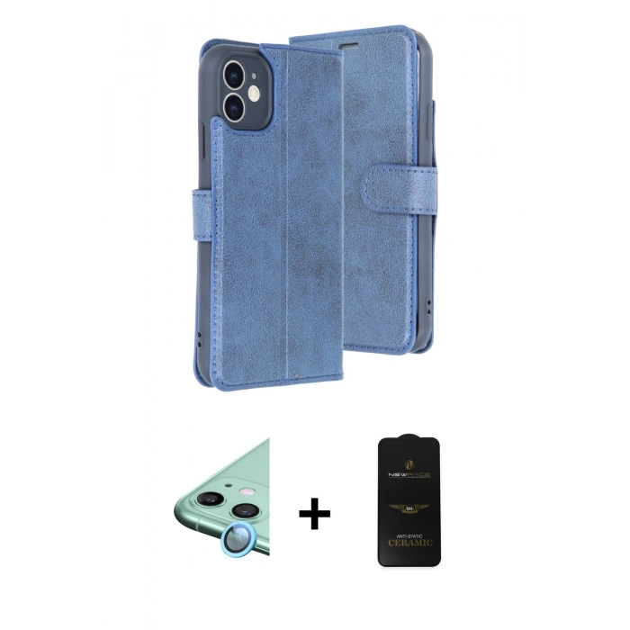 MARSİLYAN™- iPhone 11 Kılıf Siluet Işık Serisi - Siyah 6D Antistatik Mat Seramik Hayalet Nano Ekran Koruyucu + Mavi Raze Metal Kamera Lens